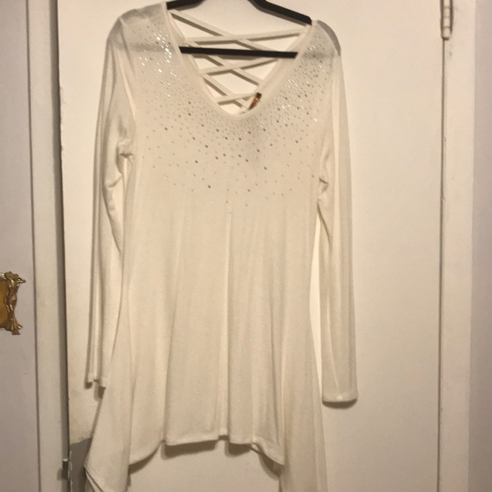 Belldini White with Embellished Neckline Tunic